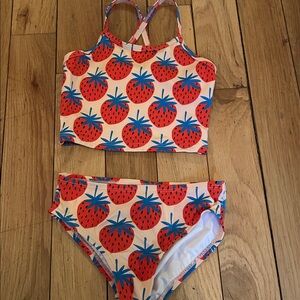 Hanna Andersson Girls Strawberry Print Two-Piece Swim Set - Red & Blue on Cream